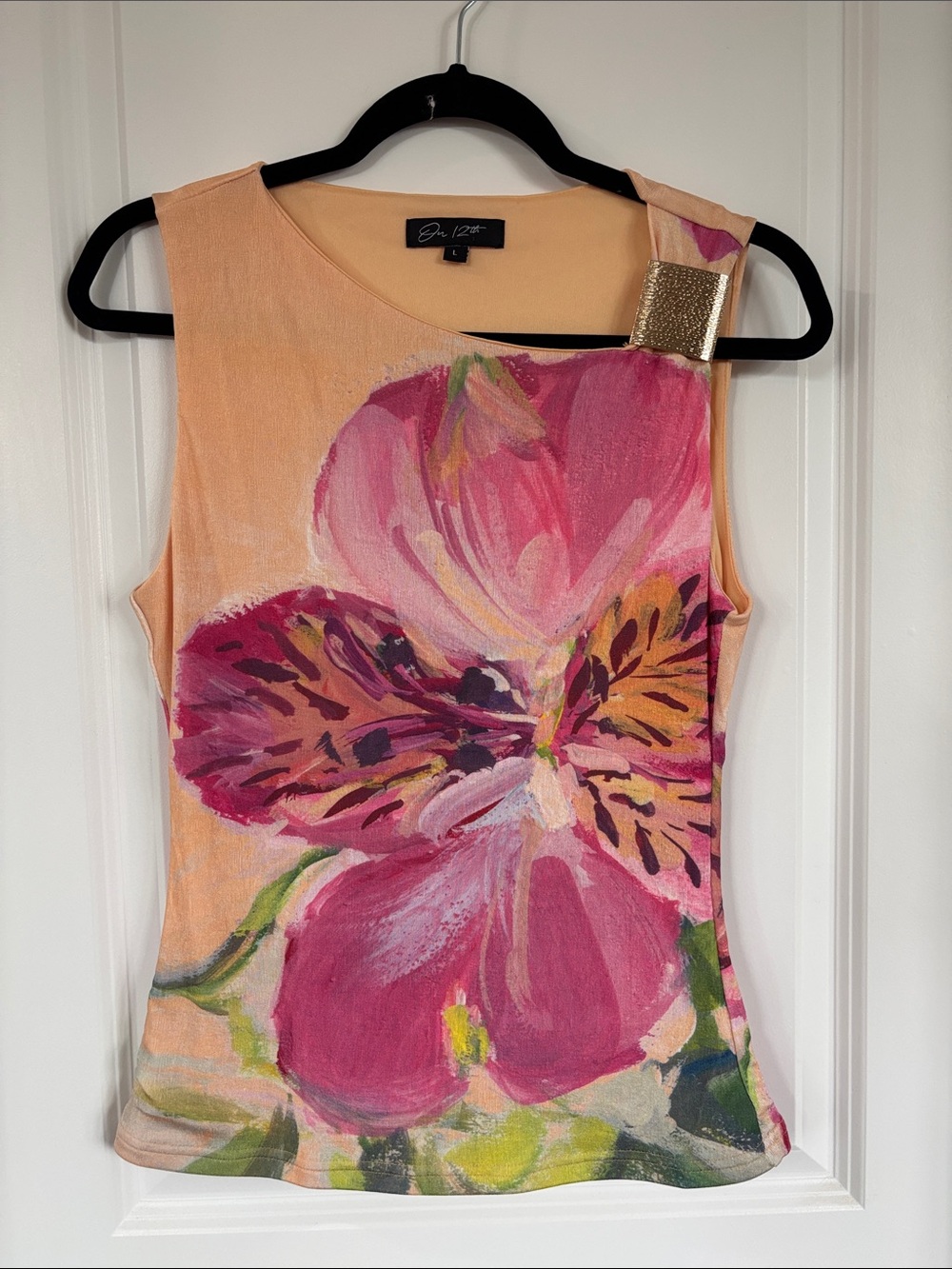 On 12th Peach Tank with Pink Floral Print and Gold Accent